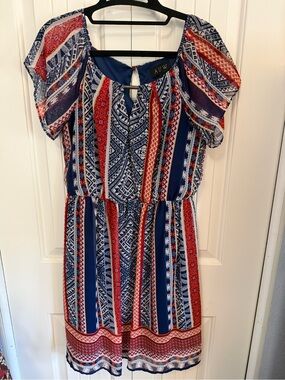 AUW Blue & Red Printed Short Sleeve Dress